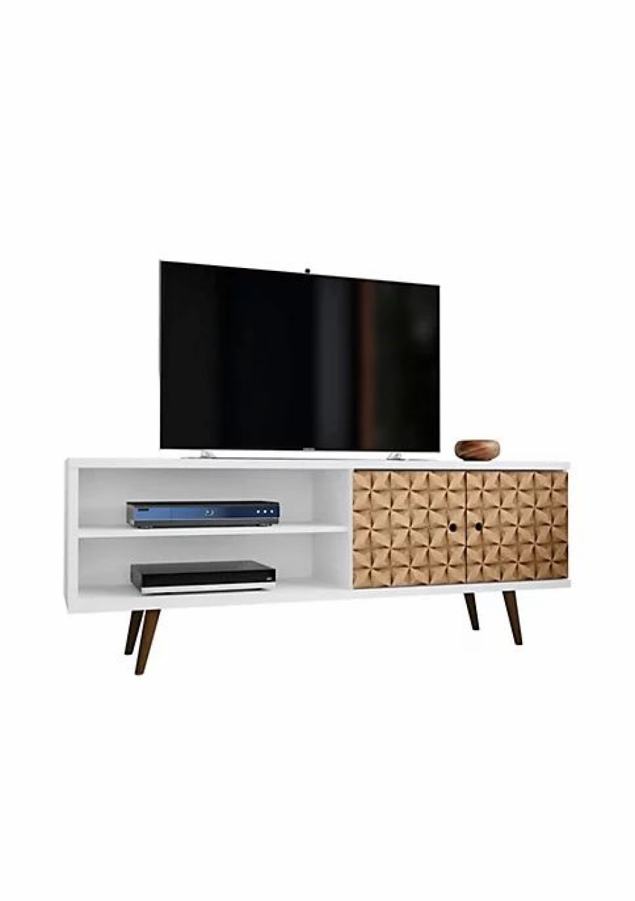 Tv & Media Stands * | Coupon Manhattan Comfort Liberty 62.99 Mid-Century Modern Tv Stand In White And 3D Brown Prints