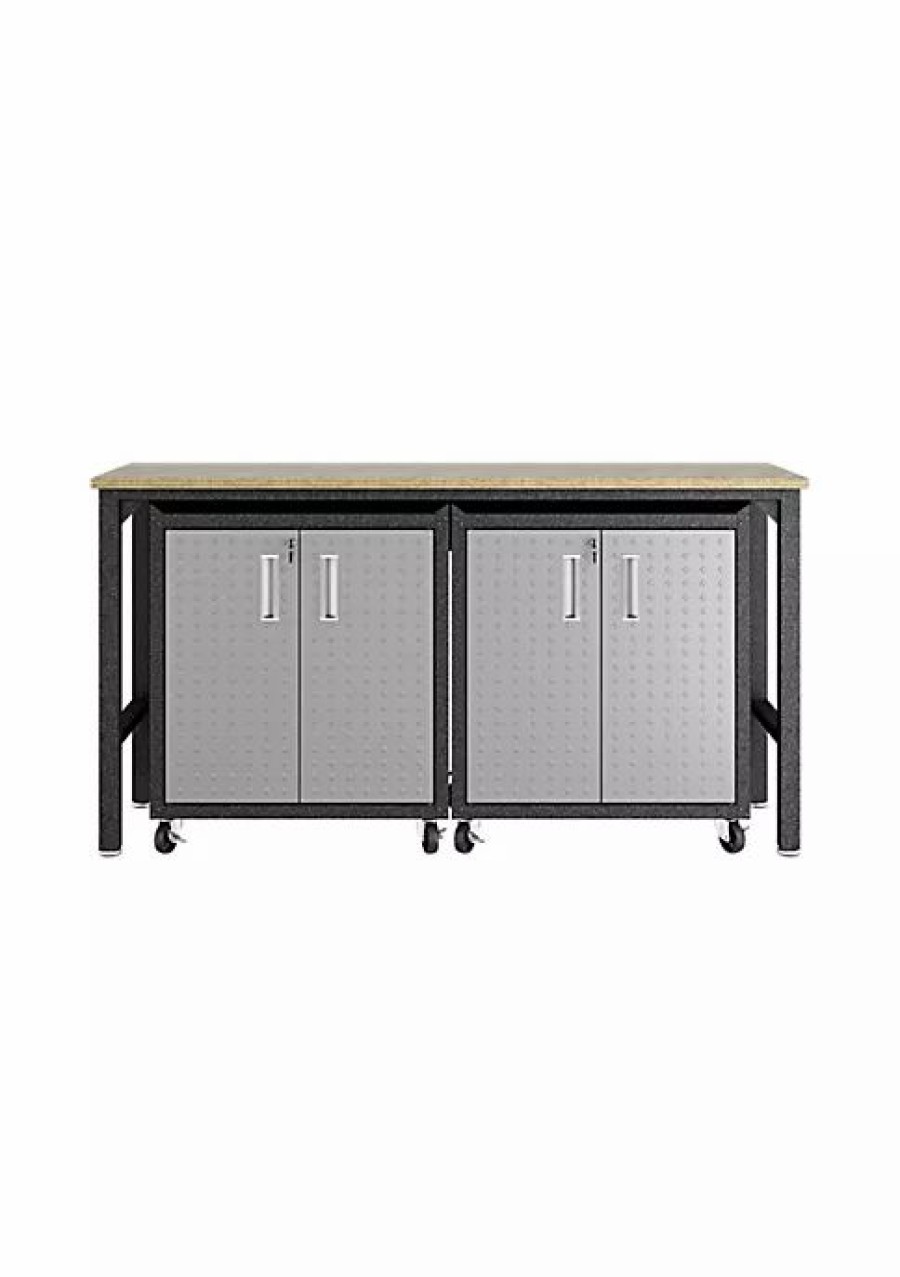 Furniture * | Discount Manhattan Comfort Fortress 3-Piece Mobile Space-Saving Garage Cabinet And Worktable 1.0 In Grey