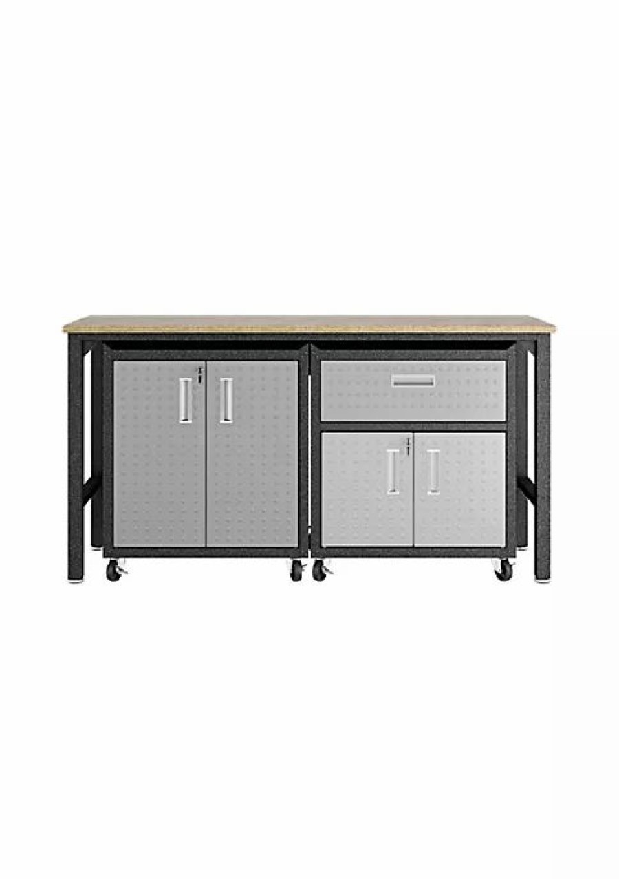 Furniture * | Buy Manhattan Comfort Fortress 3-Piece Mobile Space-Saving Garage Cabinet And Worktable 2.0 In Grey