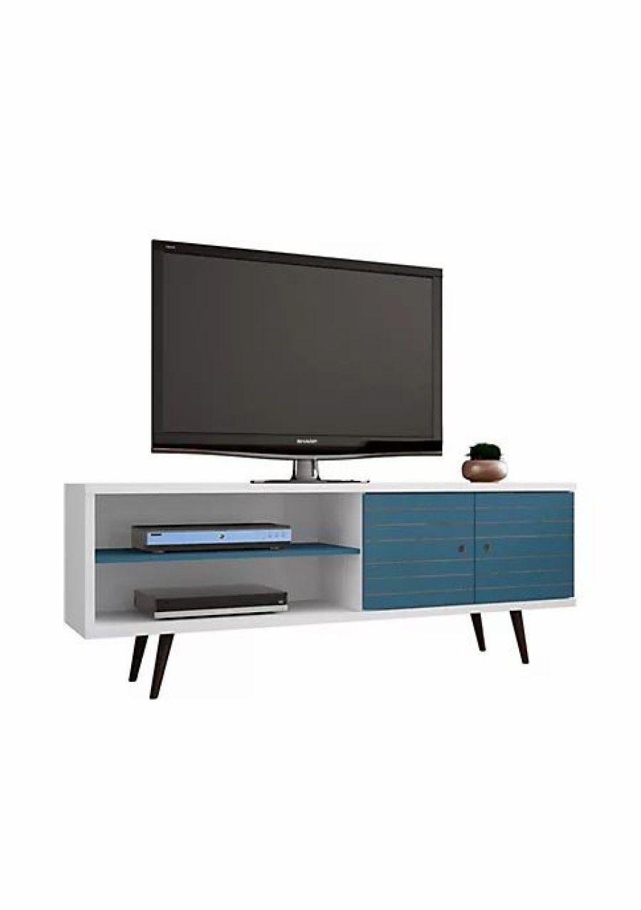 Tv & Media Stands * | Budget Manhattan Comfort Liberty 62.99 Mid-Century Modern Tv Stand In White And Aqua Blue