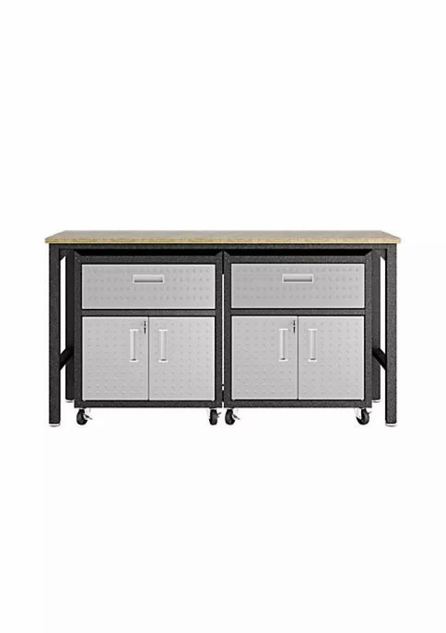 Furniture * | Flash Sale Manhattan Comfort Fortress 3-Piece Mobile Space-Saving Garage Cabinet And Worktable 4.0 In Grey