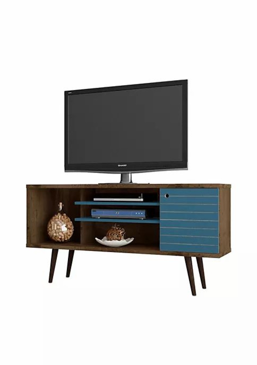 Tv & Media Stands * | Buy Manhattan Comfort Liberty 53.14 Mid-Century Modern Tv Stand In Rustic Brown And Aqua Blue