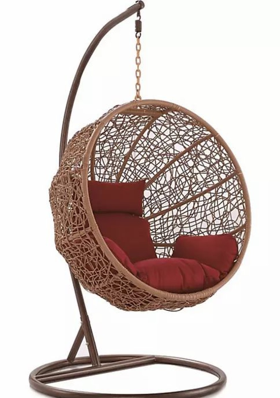 Furniture * | Flash Sale Manhattan Comfort Zolo Hanging Lounge Egg Swing Chair In Red And Saddle Brown