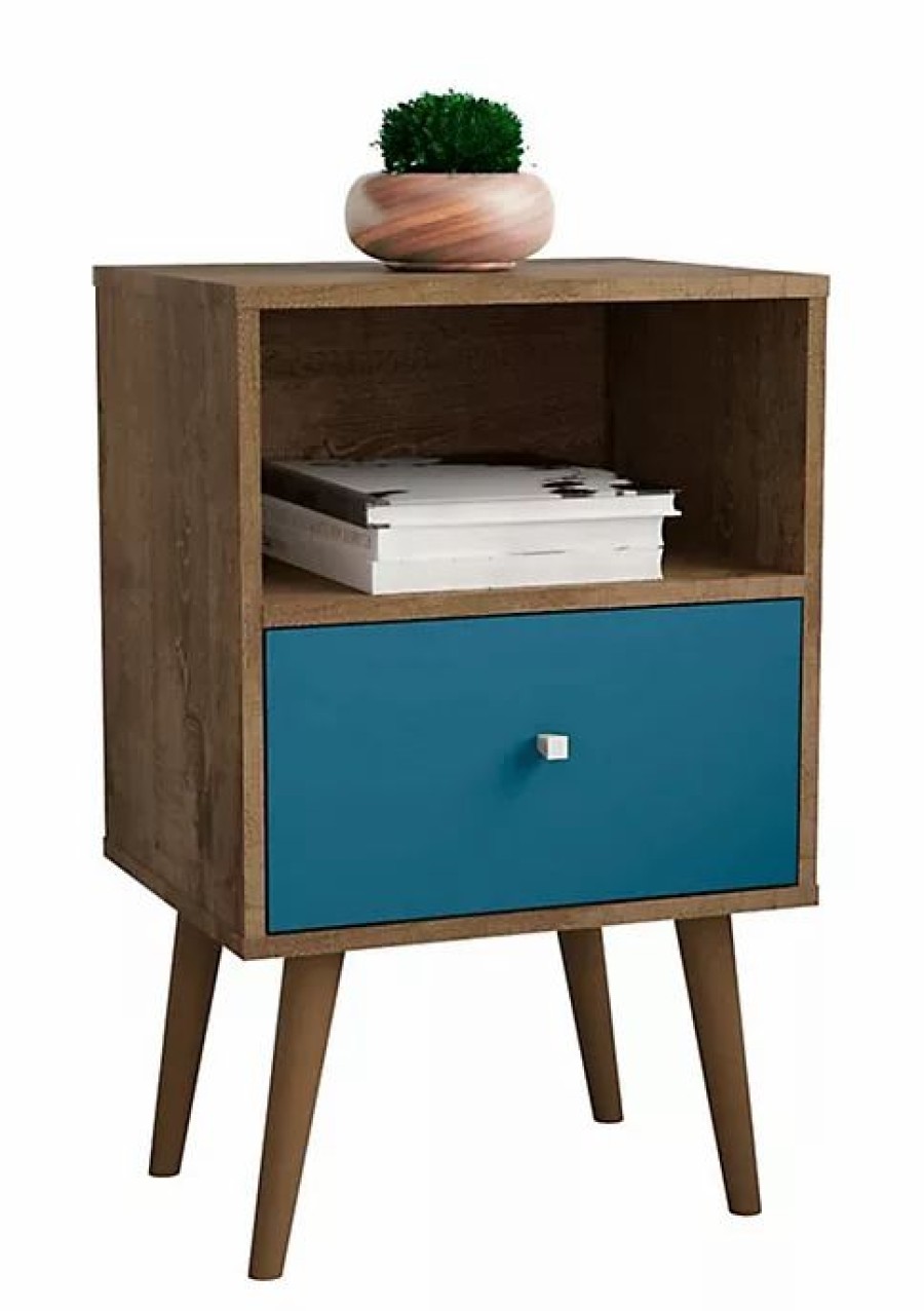 Tv & Media Stands * | Cheap Manhattan Comfort Liberty Nightstand 1.0 In Rustic Brown And Aqua Blue