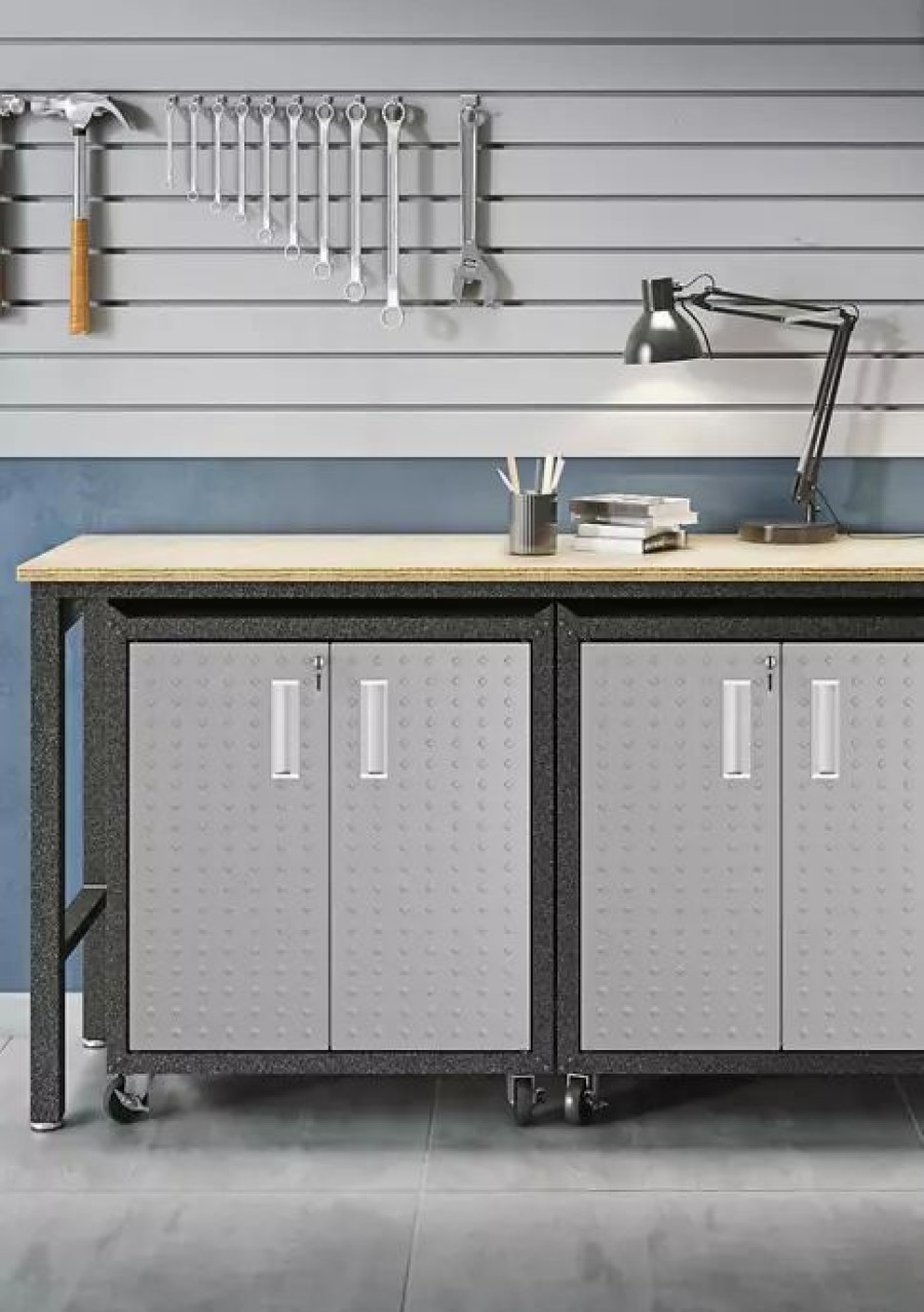 Furniture * | Discount Manhattan Comfort Fortress 3 Piece Mobile Garage Cabinet And Worktable 1.0 Grey