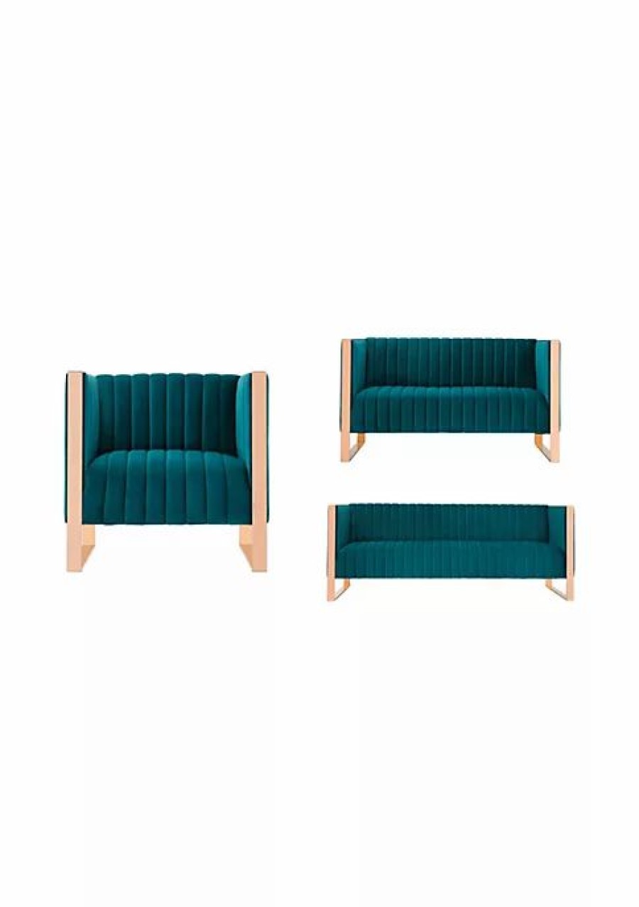 Tv & Media Stands * | Cheap Manhattan Comfort Trillium 3 Piece Sofa, Loveseat And Armchair Set In Teal And Rose Gold