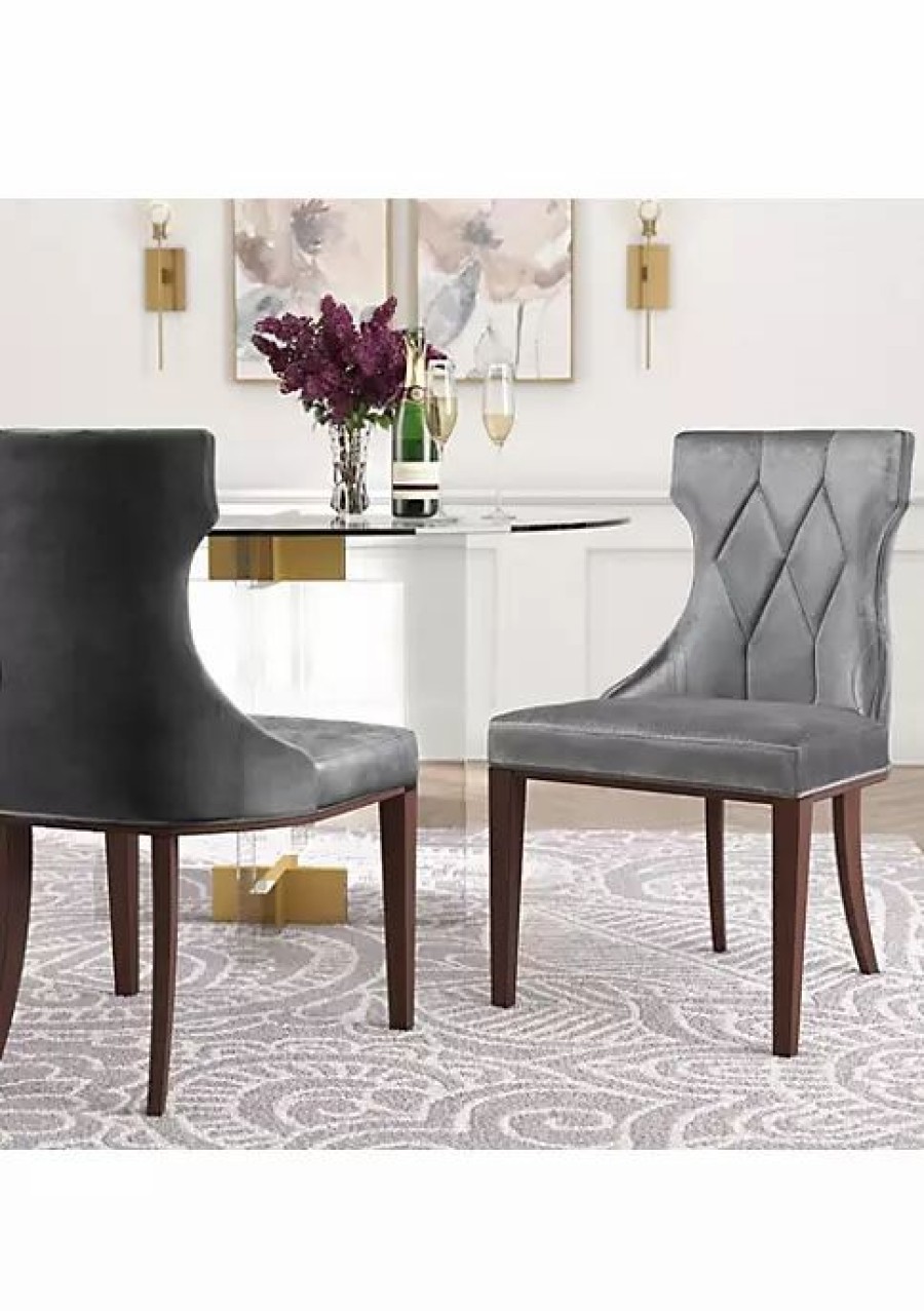 Furniture * | Hot Sale Manhattan Comfort Reine Velvet Dining Chair (Set Of Two) In And Walnut Grey