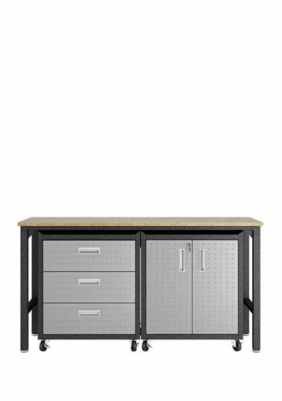 Furniture * | Hot Sale Manhattan Comfort Fortress 3 Piece Mobile Garage Cabinet And Worktable 3.0 Grey