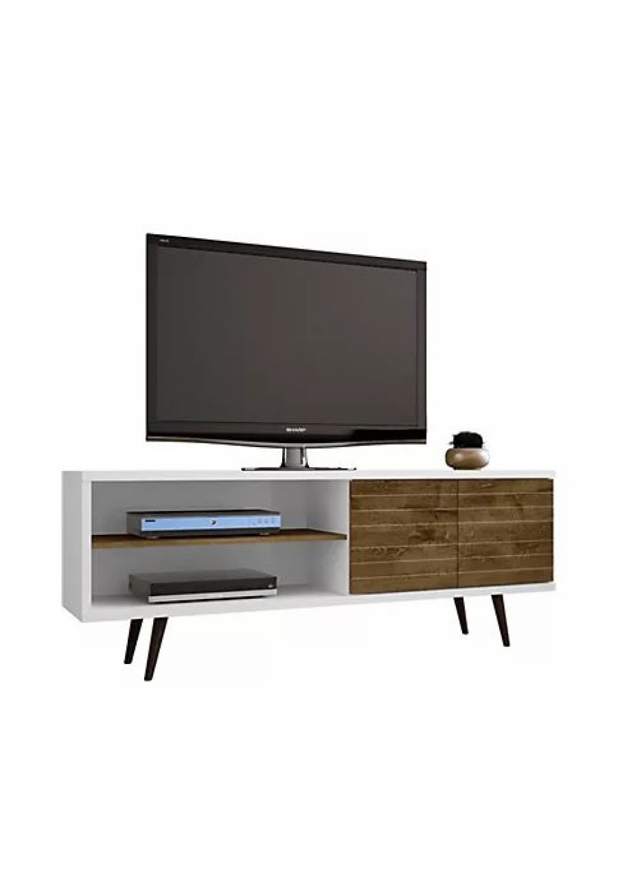 Tv & Media Stands * | Wholesale Manhattan Comfort Liberty 62.99 Mid-Century Modern Tv Stand In White And Rustic Brown