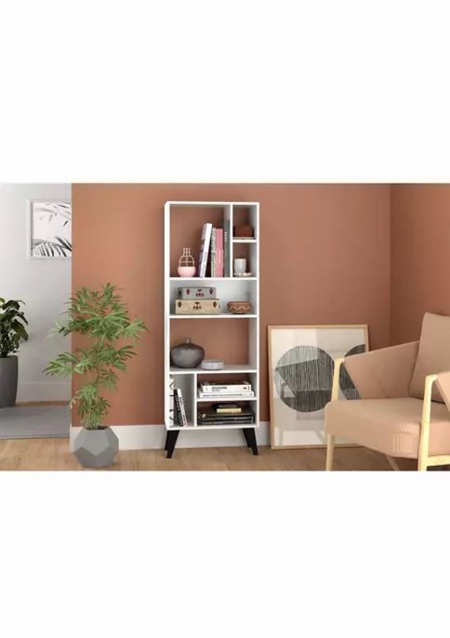 Furniture * | Outlet Manhattan Comfort Warren Tall Bookcase With Feet White