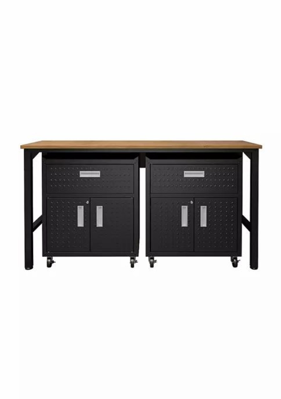 Furniture * | Budget Manhattan Comfort 3-Piece Fortress Mobile Space-Saving Garage Cabinet And Worktable 4.0 Charcoal Grey