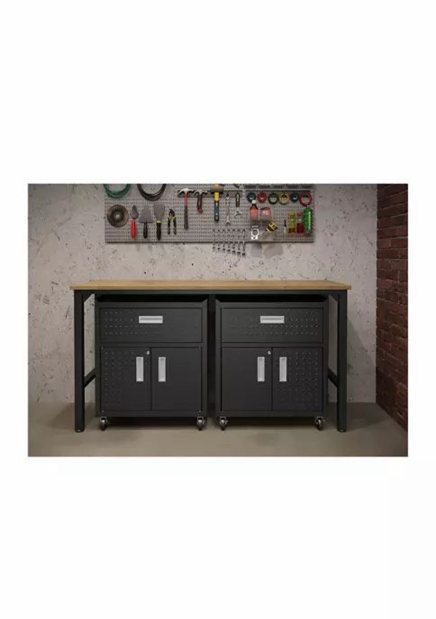 Furniture * | Budget Manhattan Comfort 3-Piece Fortress Mobile Space-Saving Garage Cabinet And Worktable 4.0 Charcoal Grey