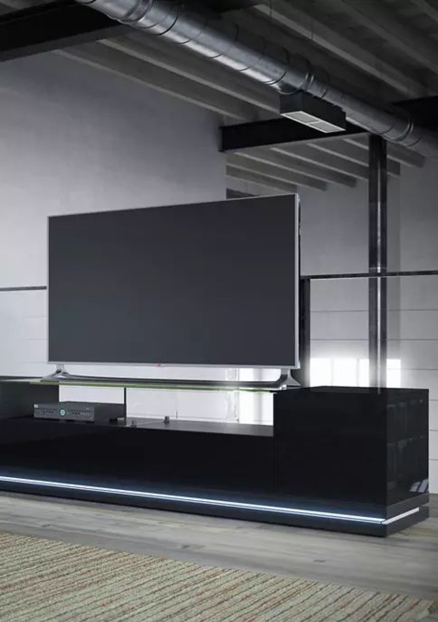 Furniture * | Wholesale Manhattan Comfort Black Gloss Vanderbilt Tv Stand With Led Lights Black Gloss And Blac