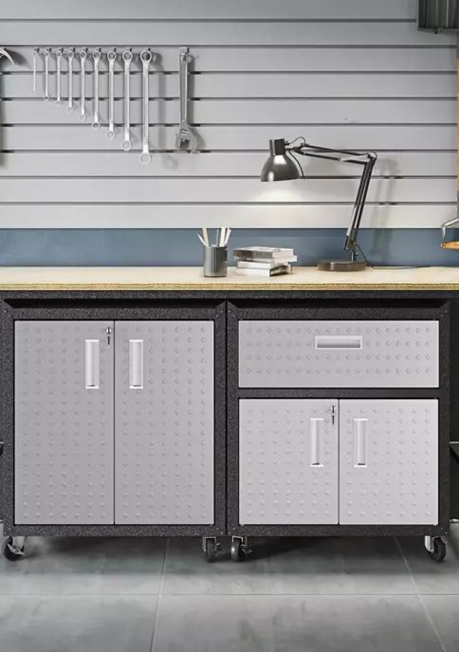 Furniture * | Best Reviews Of Manhattan Comfort 3 Piece Gray Fortress Mobile Garage Cabinet And Worktable 2.0 Grey