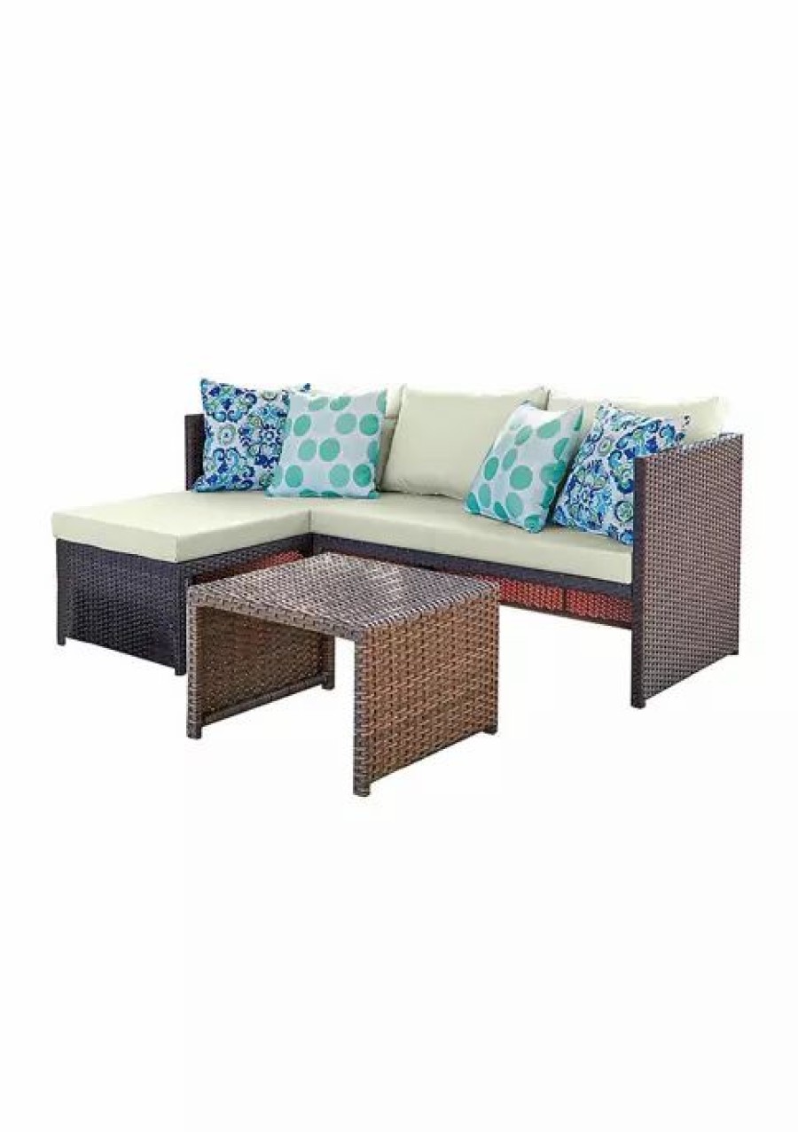 Furniture * | Best Pirce Manhattan Comfort Menton Patio 2-Seater And Lounge Chair With Coffee Table Brown & Cream