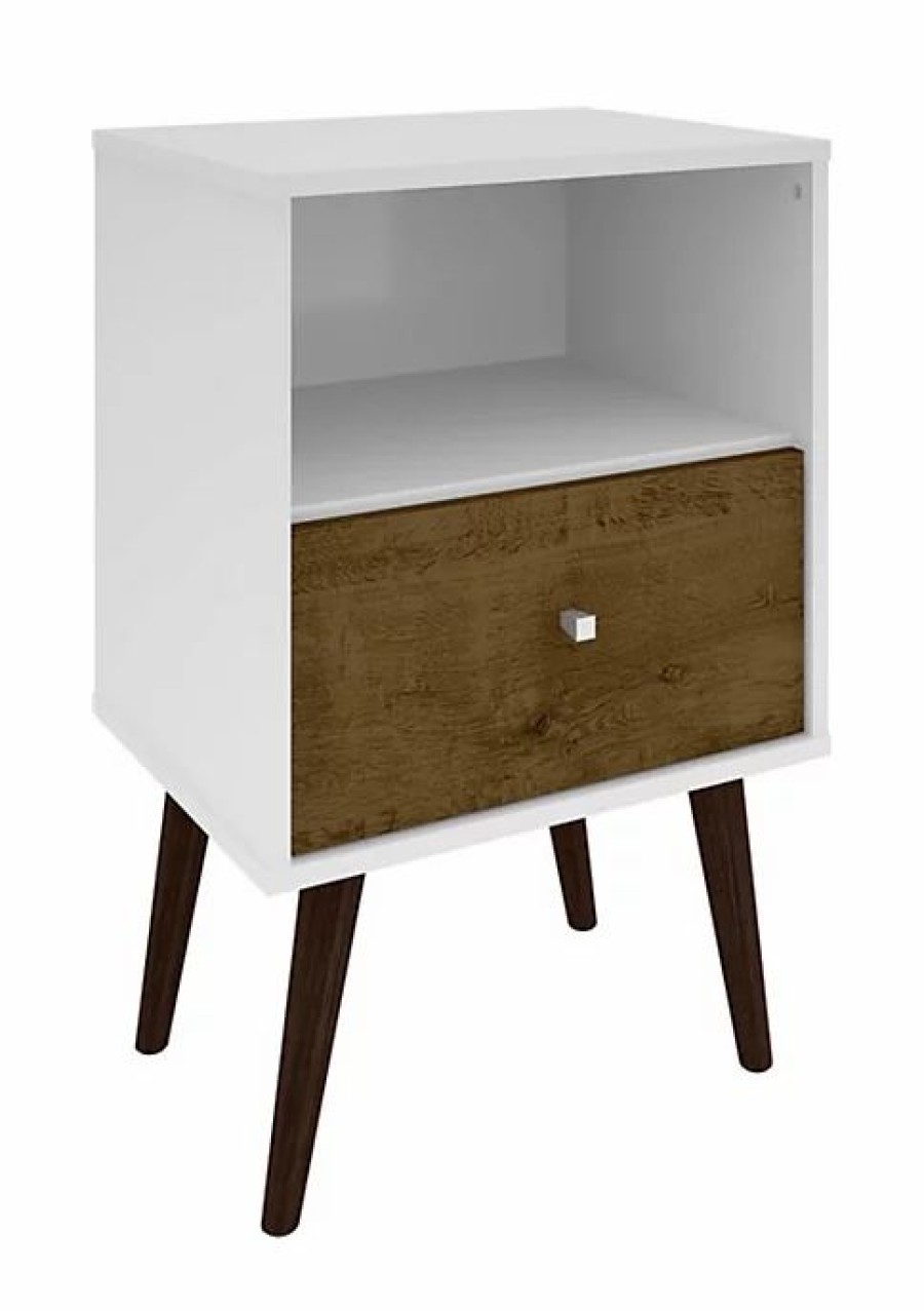 Dressers & Chests * | Best Sale Manhattan Comfort Liberty Mid-Century Modern Nightstand 1.0 In White And Rustic Brown