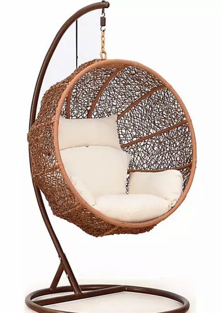 Furniture * | Discount Manhattan Comfort Zolo Hanging Lounge Egg Swing Chair In Cream And Saddle Brown