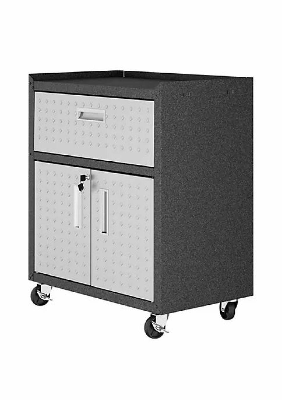 Furniture * | Promo Manhattan Comfort Fortress 31.5 Mobile Garage Cabinet With Drawer And Shelves Grey