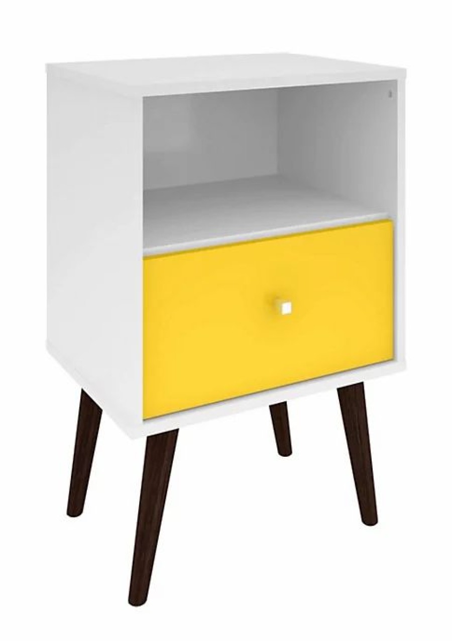 Tv & Media Stands * | Cheapest Manhattan Comfort Liberty Mid-Century Modern Nightstand 1.0 In White And Yellow