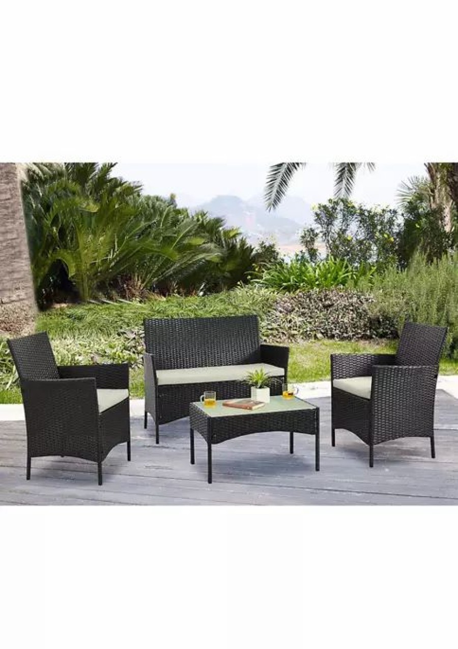 Furniture * | Wholesale Manhattan Comfort Imperia Patio 4- Person Conversation Set With Coffee Table Black & Cream