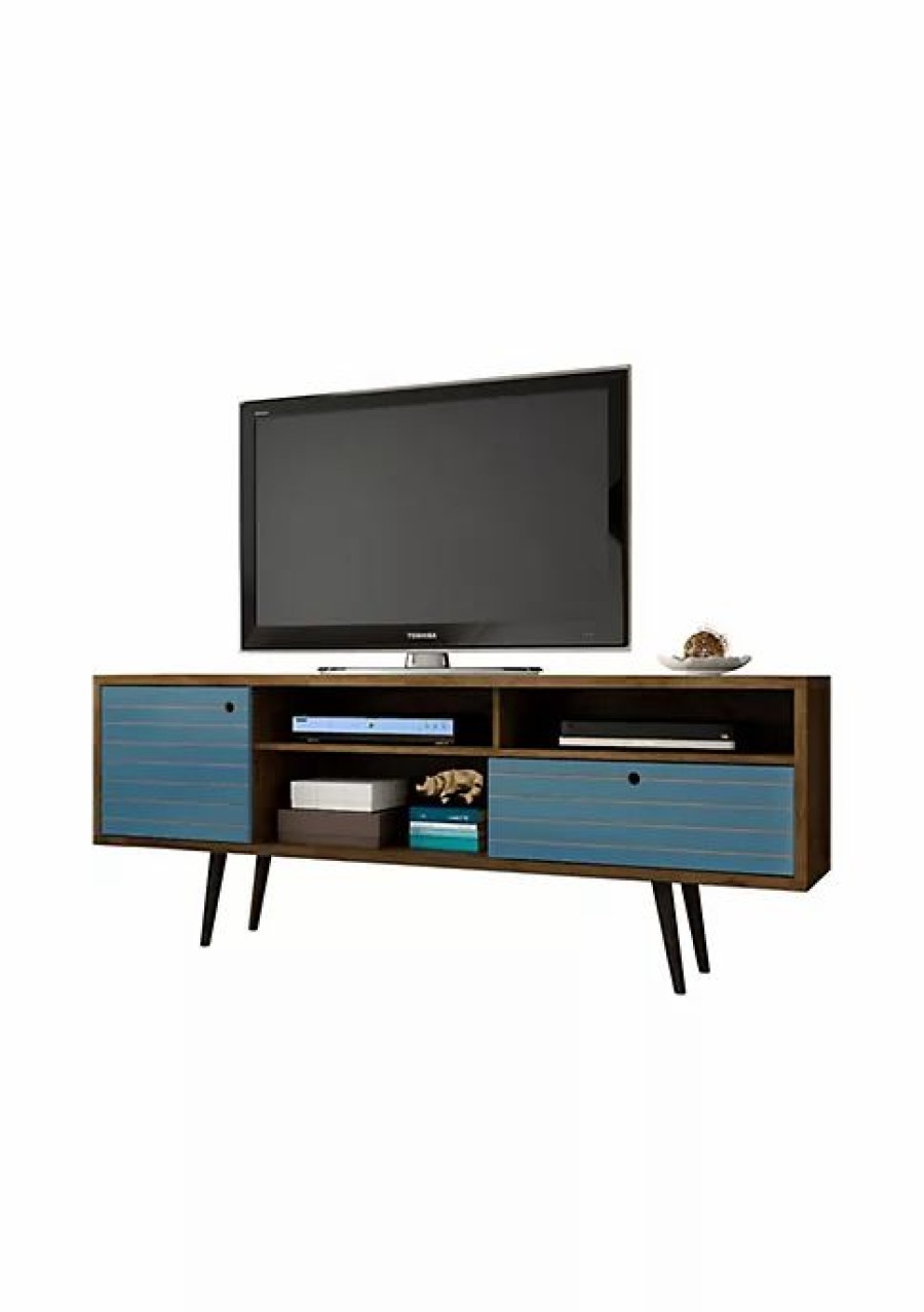 Tv & Media Stands * | Outlet Manhattan Comfort Liberty 70.86 Mid-Century Modern Tv Stand In Rustic Brown And Aqua Blue