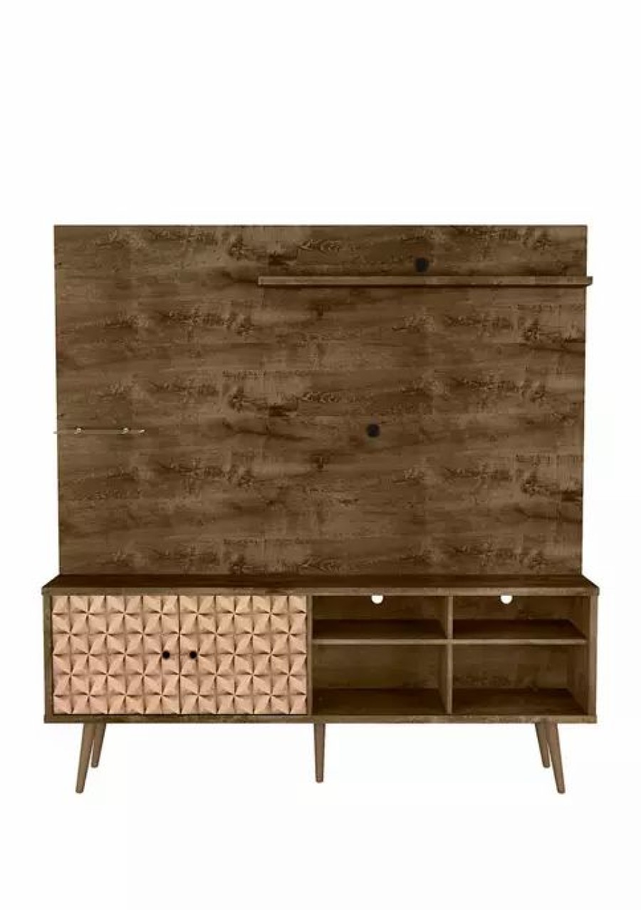 Tv & Media Stands * | Outlet Manhattan Comfort 70.87 Inch White And Rustic Brown Liberty Freestanding Entertainment Center Rustic Brown And 3D