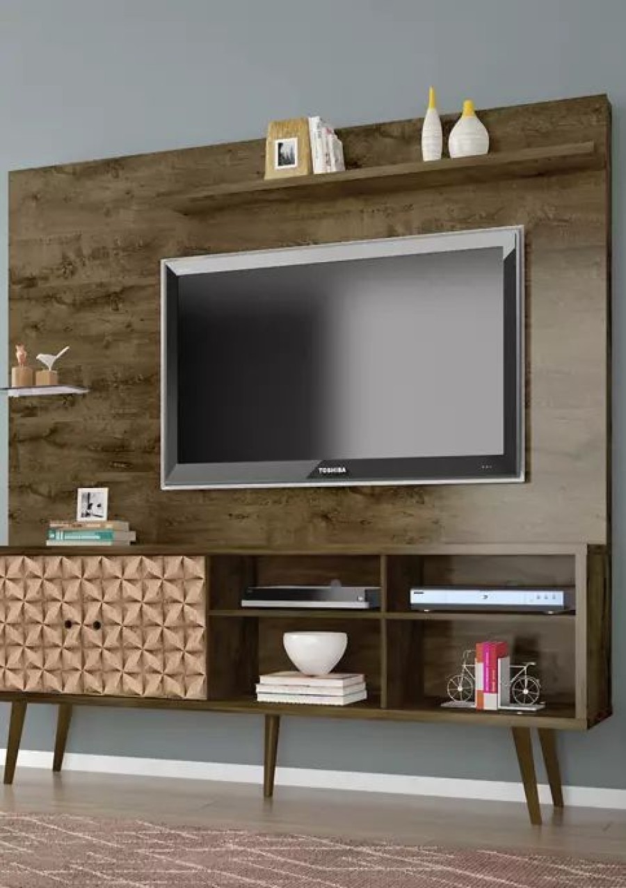 Tv & Media Stands * | Outlet Manhattan Comfort 70.87 Inch White And Rustic Brown Liberty Freestanding Entertainment Center Rustic Brown And 3D