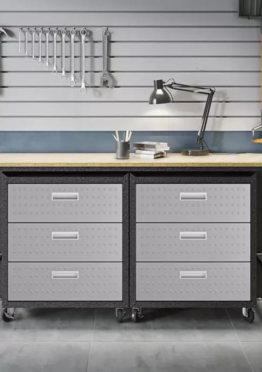 Furniture * | Best Sale Manhattan Comfort Fortress 3 Piece Mobile Garage Cabinet Chests And Worktable 6.0 Grey