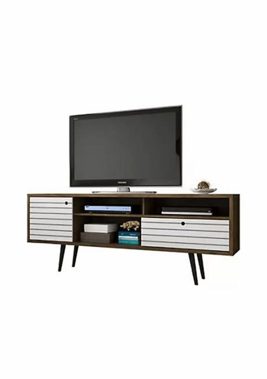 Furniture * | Cheap Manhattan Comfort Liberty 70.86 Mid-Century Modern Tv Stand In Rustic Brown And White