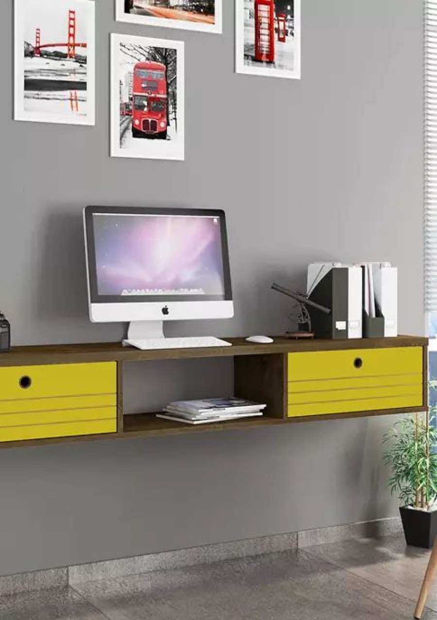 Furniture * | Top 10 Manhattan Comfort 62.99 Inch Liberty Floating Office Desk Rustic Brown/Yellow