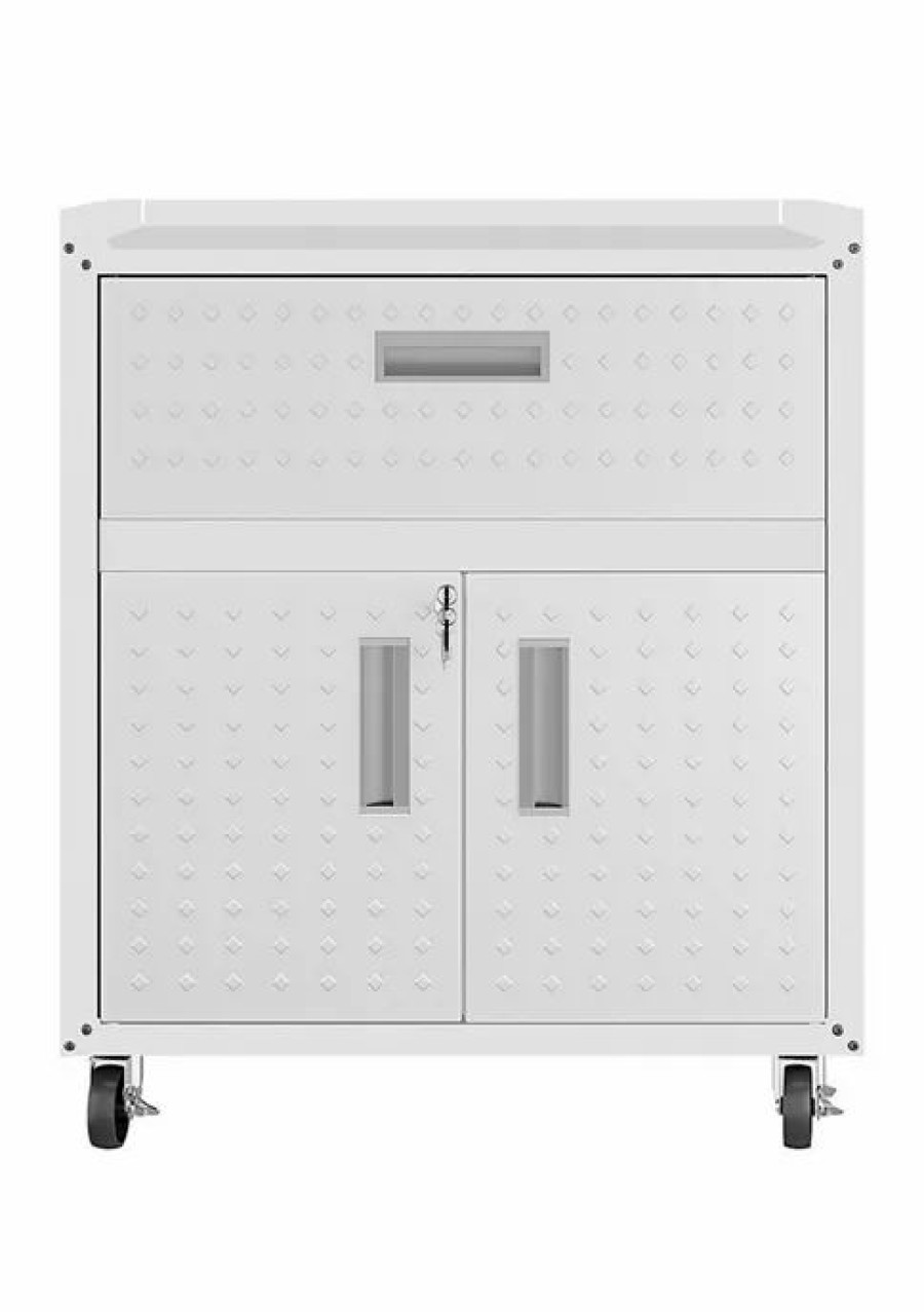 Furniture * | Buy Manhattan Comfort Fortress 31.5 Mobile Garage Cabinet With Drawer And Shelves White