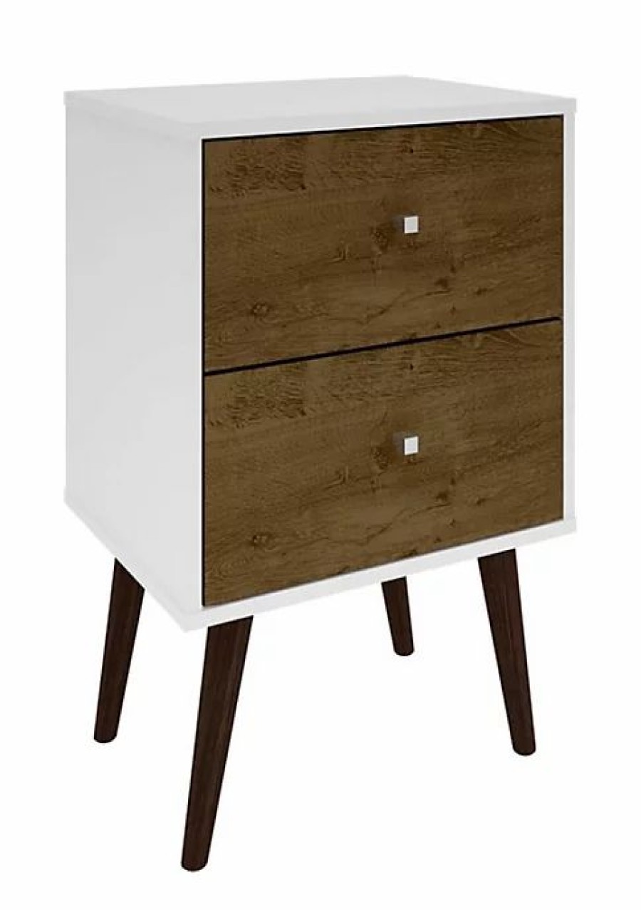 Tv & Media Stands * | Coupon Manhattan Comfort Liberty Mid-Century Modern Nightstand 2.0 In White And Rustic Brown