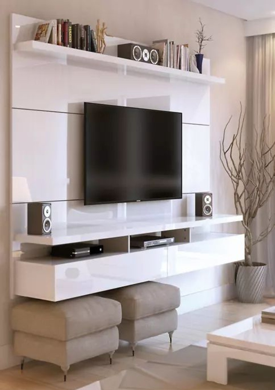 Tv & Media Stands * | Hot Sale Manhattan Comfort City 2.2 Floating Wall Theater Entertainment Center White Gloss