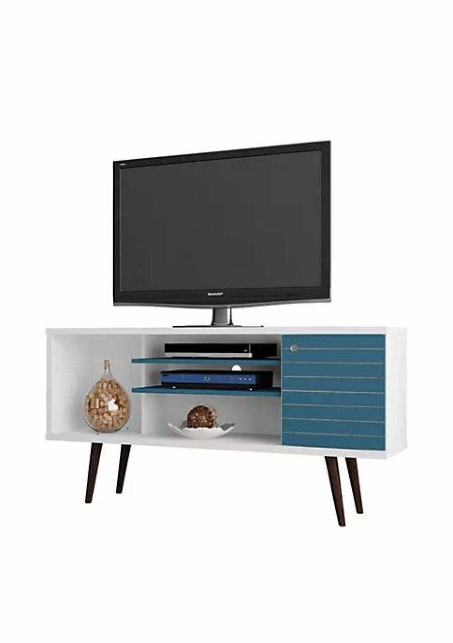 Dressers & Chests * | Deals Manhattan Comfort Liberty 53.14 Mid-Century Modern Tv Stand In White And Aqua Blue