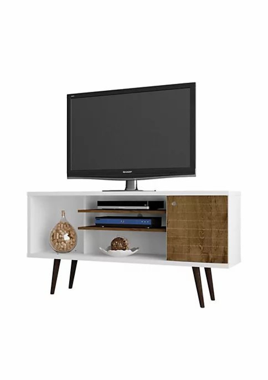 Tv & Media Stands * | Brand New Manhattan Comfort Liberty 53.14 Mid-Century Modern Tv Stand In White And Rustic Brown