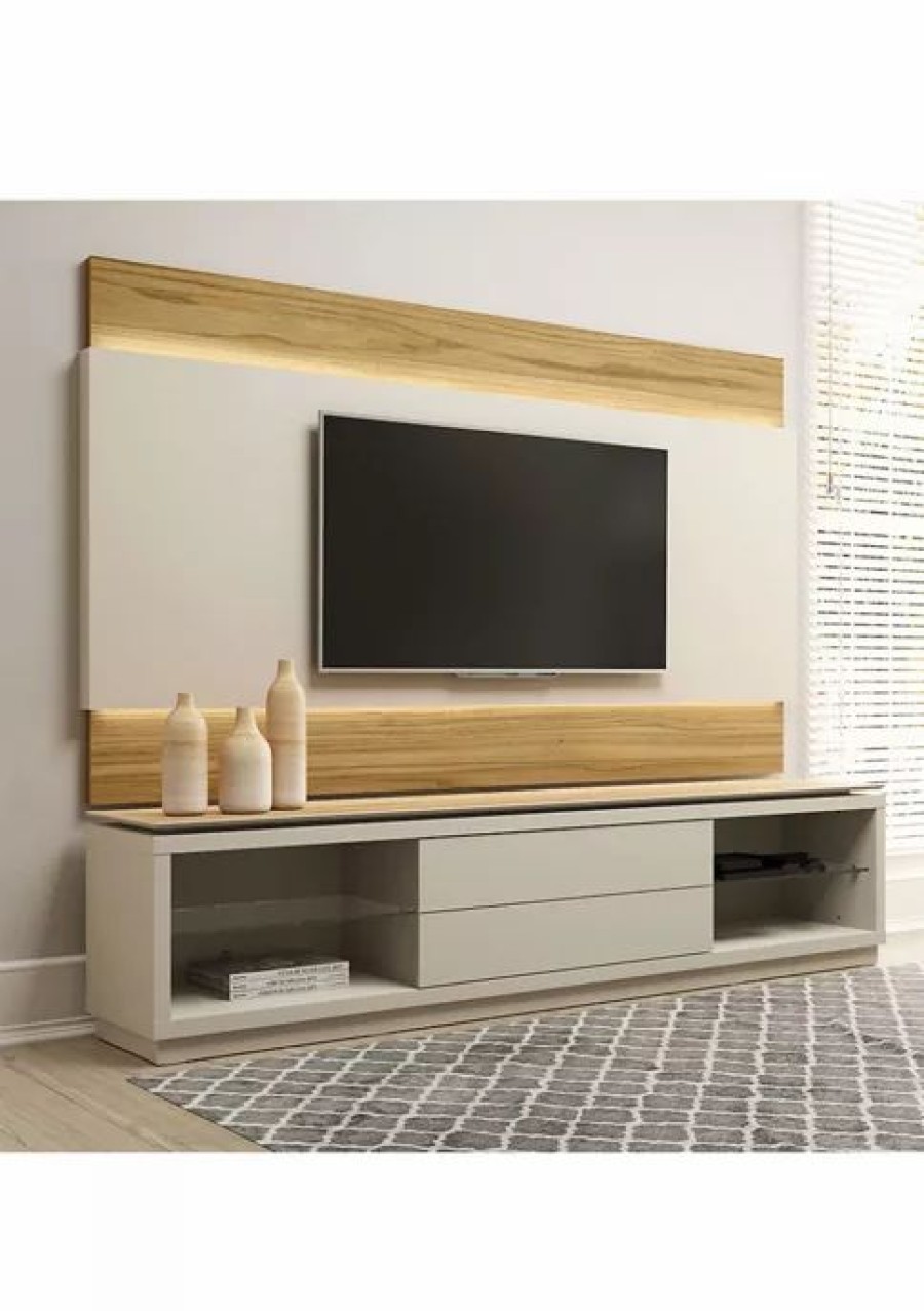 Tv & Media Stands * | Flash Sale Manhattan Comfort Lincoln 85 Tv Stand And Panel Cinnamon Off White