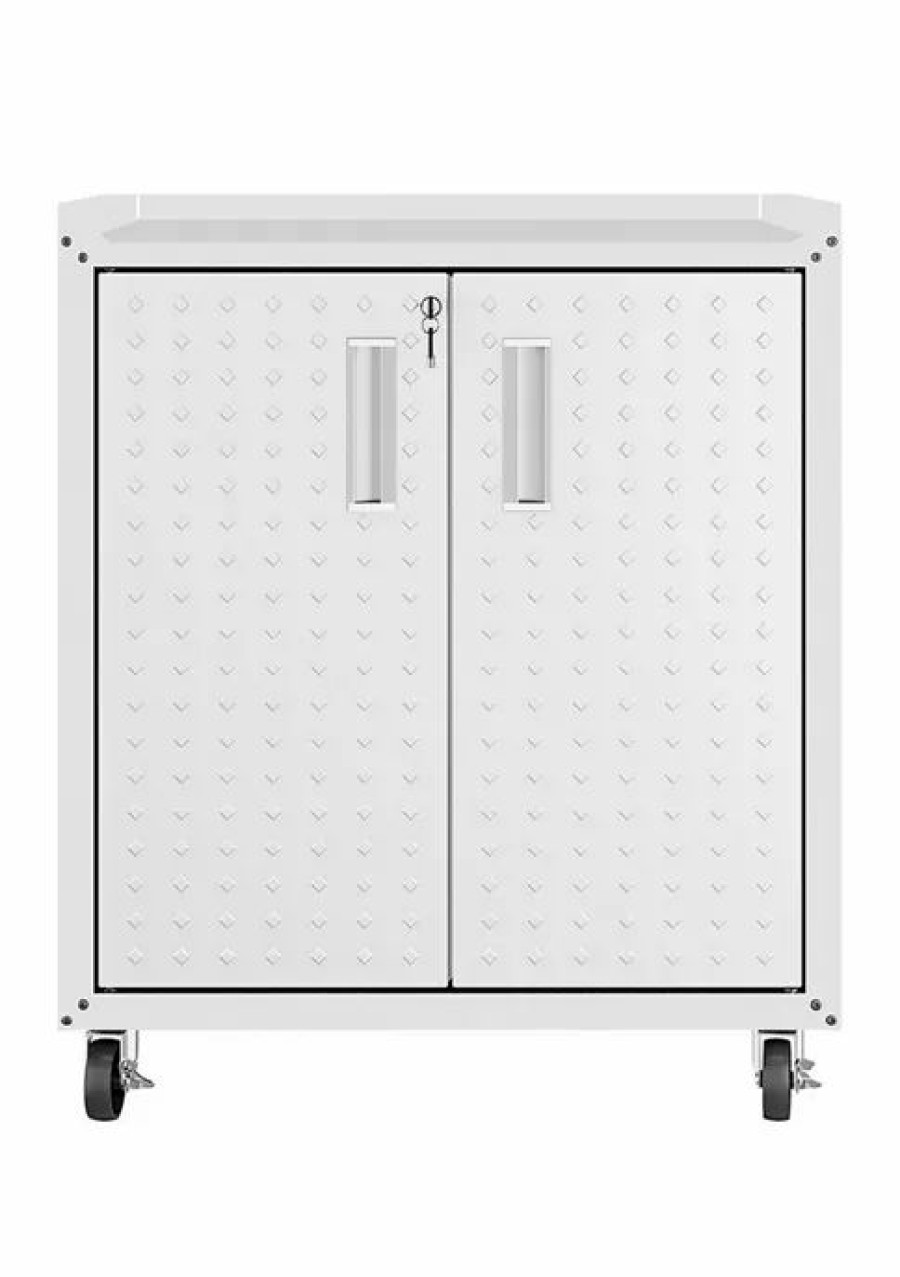 Furniture * | Outlet Manhattan Comfort Fortress 31.5 Mobile Garage Cabinet With Shelves White