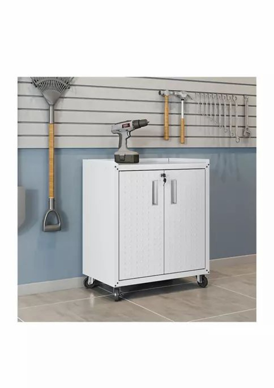 Furniture * | Outlet Manhattan Comfort Fortress 31.5 Mobile Garage Cabinet With Shelves White