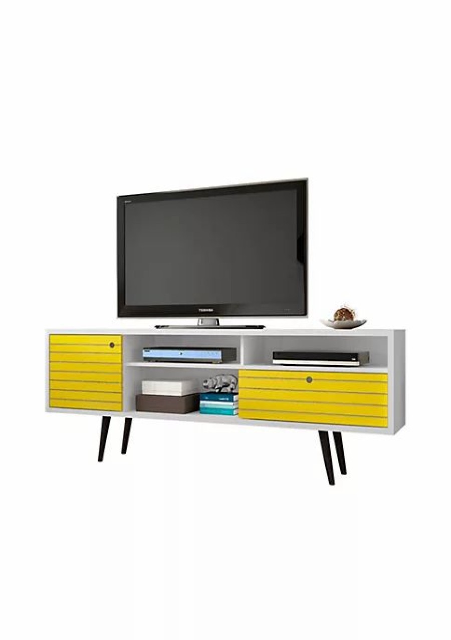 Tv & Media Stands * | Top 10 Manhattan Comfort Liberty 70.86 Mid-Century Modern Tv Stand In White And Yellow