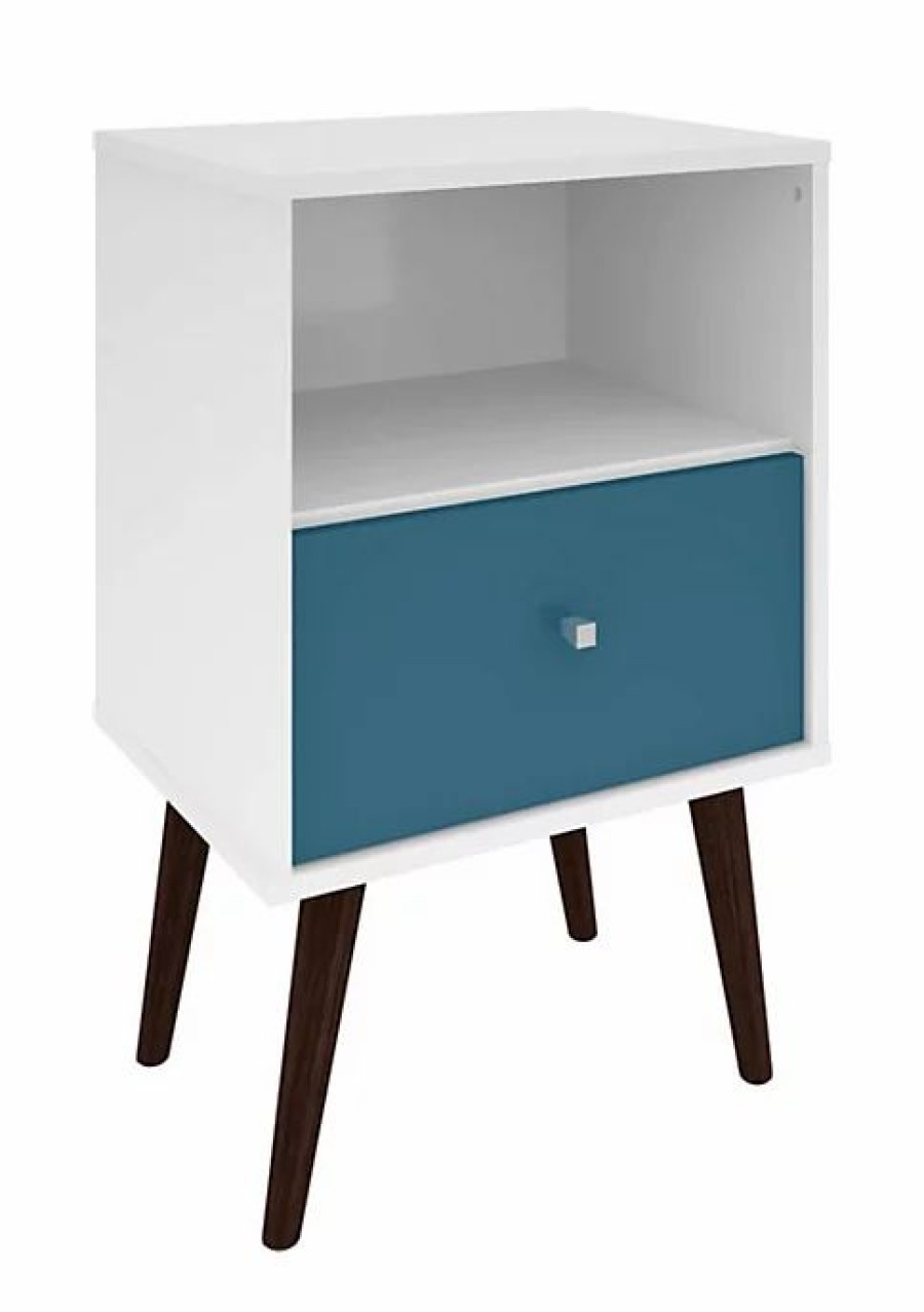 Tv & Media Stands * | Coupon Manhattan Comfort Liberty Mid-Century Modern Nightstand 1.0 In White And Aqua Blue