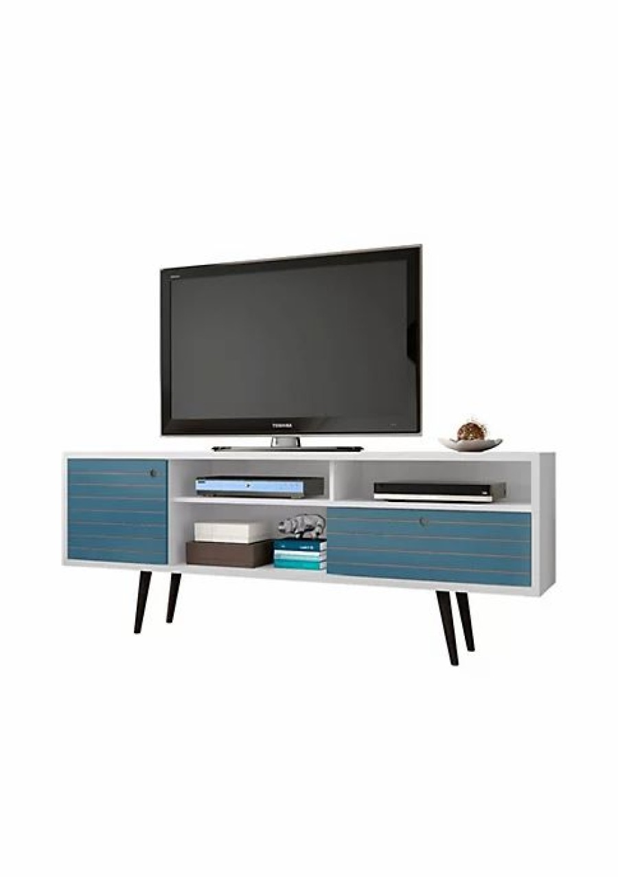 Tv & Media Stands * | Budget Manhattan Comfort Liberty 70.86 Mid-Century Modern Tv Stand In White And Aqua Blue