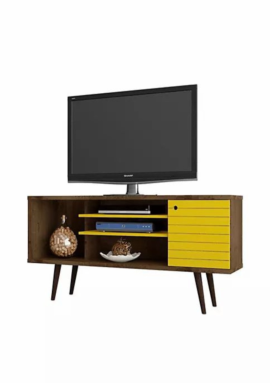 Furniture * | Cheapest Manhattan Comfort Liberty 53.14 Mid-Century Modern Tv Stand In Rustic Brown And Yellow