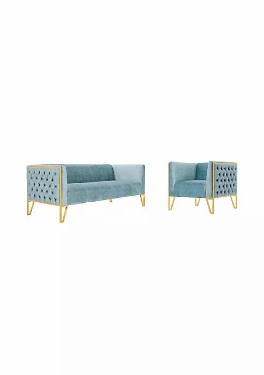 Tv & Media Stands * | Cheap Manhattan Comfort Vector Sofa And Armchair Set Of 2 In Ocean Blue And Gold