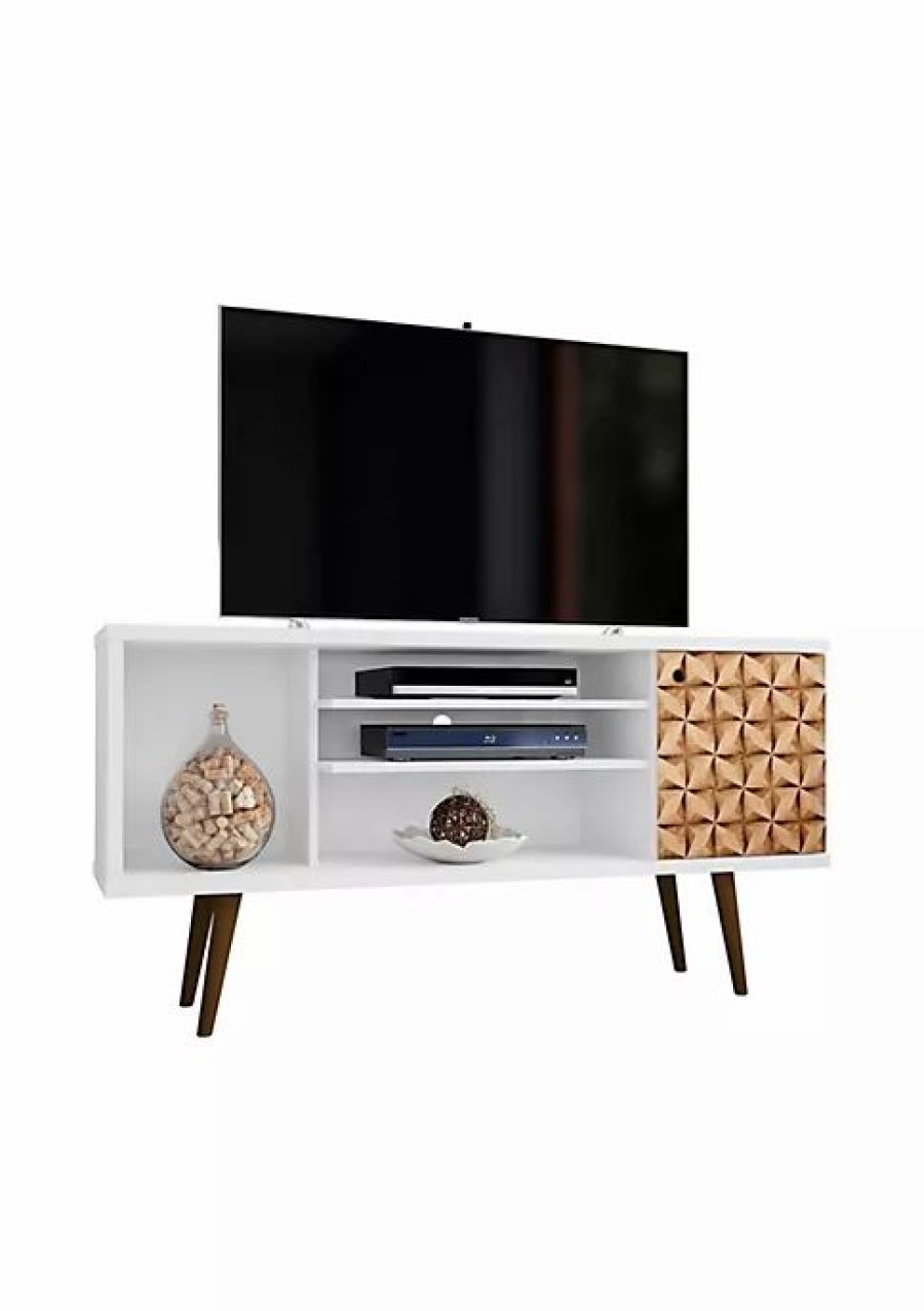 Dressers & Chests * | Best Pirce Manhattan Comfort Liberty 53.14 Mid-Century Modern Tv Stand In White And 3D Brown Prints