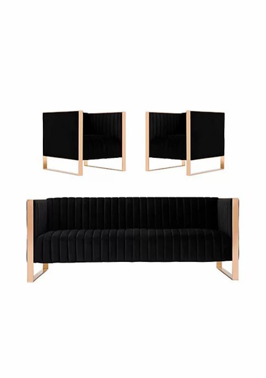 Tv & Media Stands * | Flash Sale Manhattan Comfort Trillium Sofa And 2 Armchairs (Set Of 3) In Black And Rose Gold