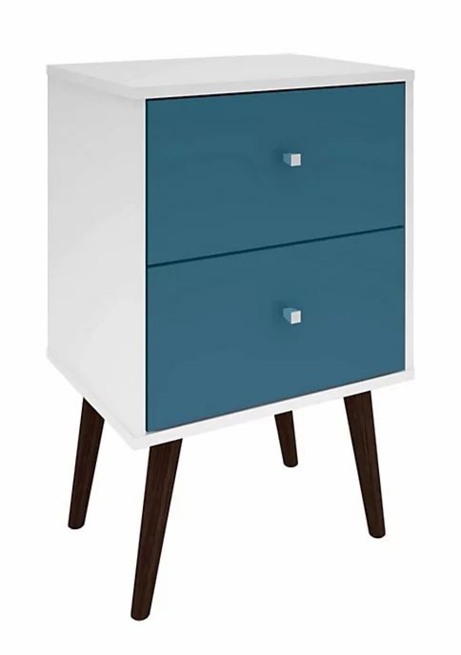 Tv & Media Stands * | Cheapest Manhattan Comfort Liberty Mid-Century Modern Nightstand 2.0 In White And Aqua Blue