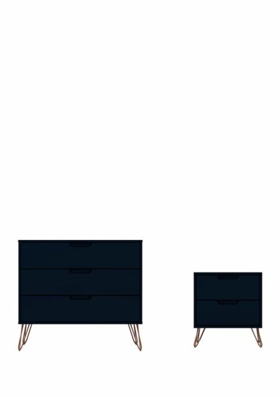 Furniture * | Best Pirce Manhattan Comfort 2 Piece Rockefeller Dresser And Nightstand Set Tatiana Midnight Blue