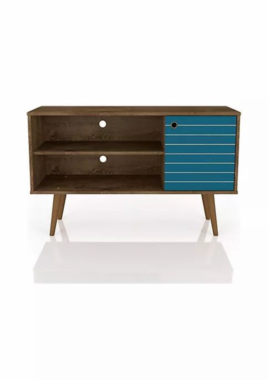 Tv & Media Stands * | Deals Manhattan Comfort Liberty 42.52 Tv Stand In Rustic Brown And Aqua Blue