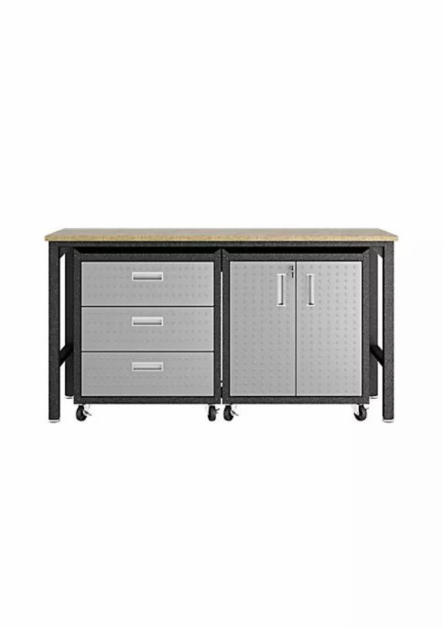 Furniture * | Top 10 Manhattan Comfort Fortress 3-Piece Mobile Space-Saving Garage Cabinet And Worktable 3.0 In Grey