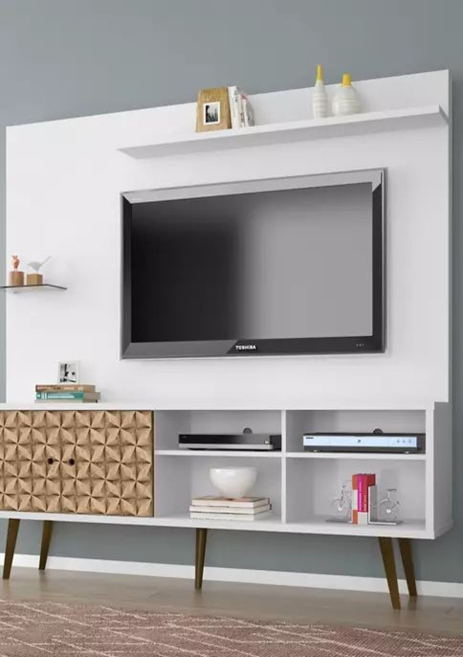 Tv & Media Stands * | Buy Manhattan Comfort 70.87 Inch White And Brown Liberty Freestanding Entertainment Center White And 3D Brown P